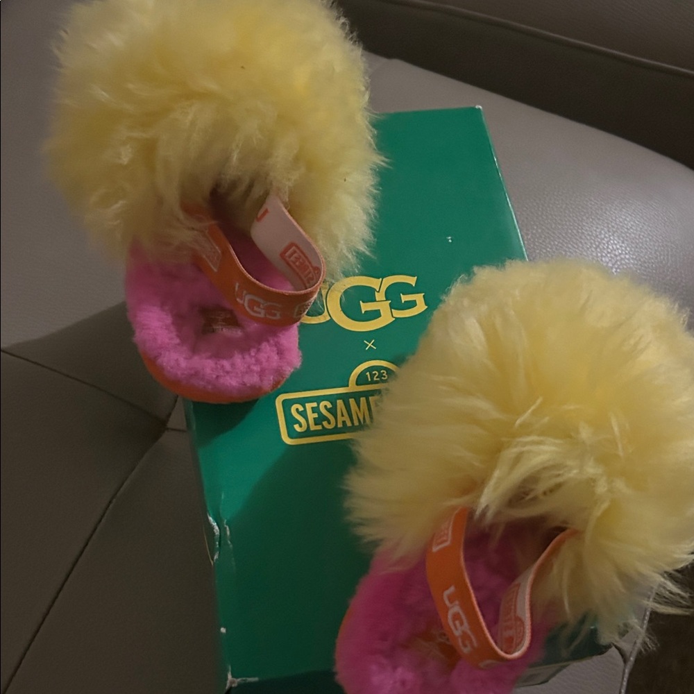 UGG Fluffy Yellow and Pink Sandals